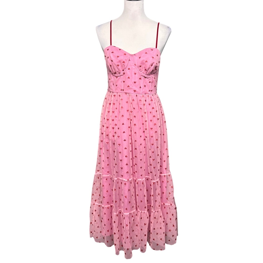 Betsey Johnson Heart Print Dress Womens 8 Pale Pink NWT Glitter Tulle READ Midi